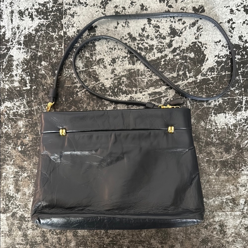 Bechamel Navy Vintage Leather Slim Shoulder Bag 12x8x2"